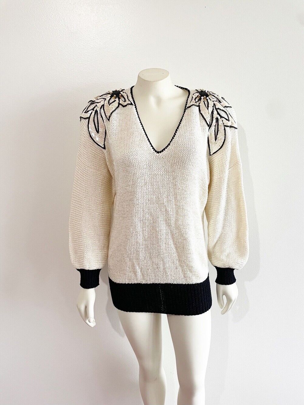 Nannell Vintage Cream Black Sequin Bejeweled Shoulders 1980s Medium